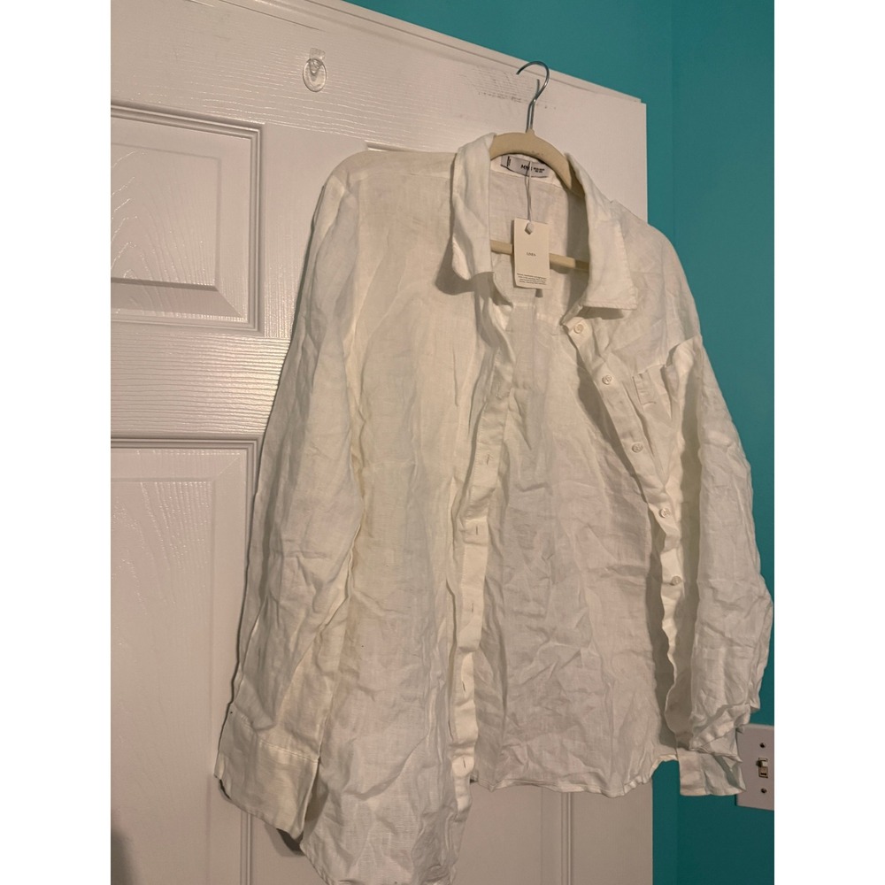 Mango MNG White 100% Linen Button Down Shirt Long Sleeve Plus Size 16 2XL NEW
